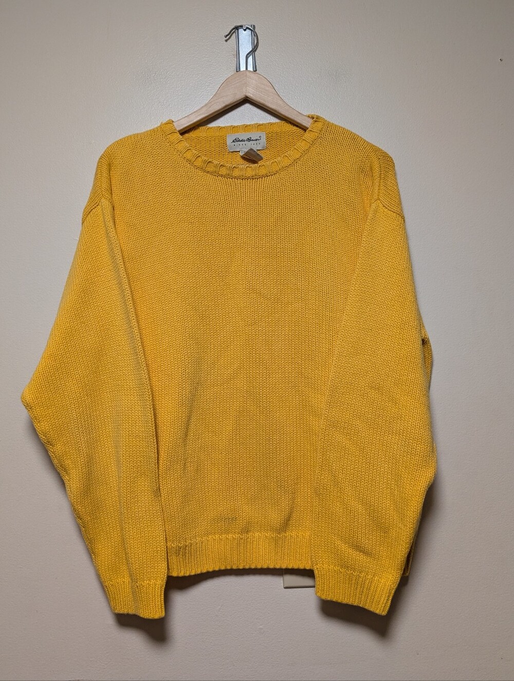 Eddie Bauer 100% Cotton Crewneck Sweater Medium Mustard Yellow Chunky Knit
